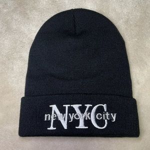 Black NYC beanie with white and gray letters